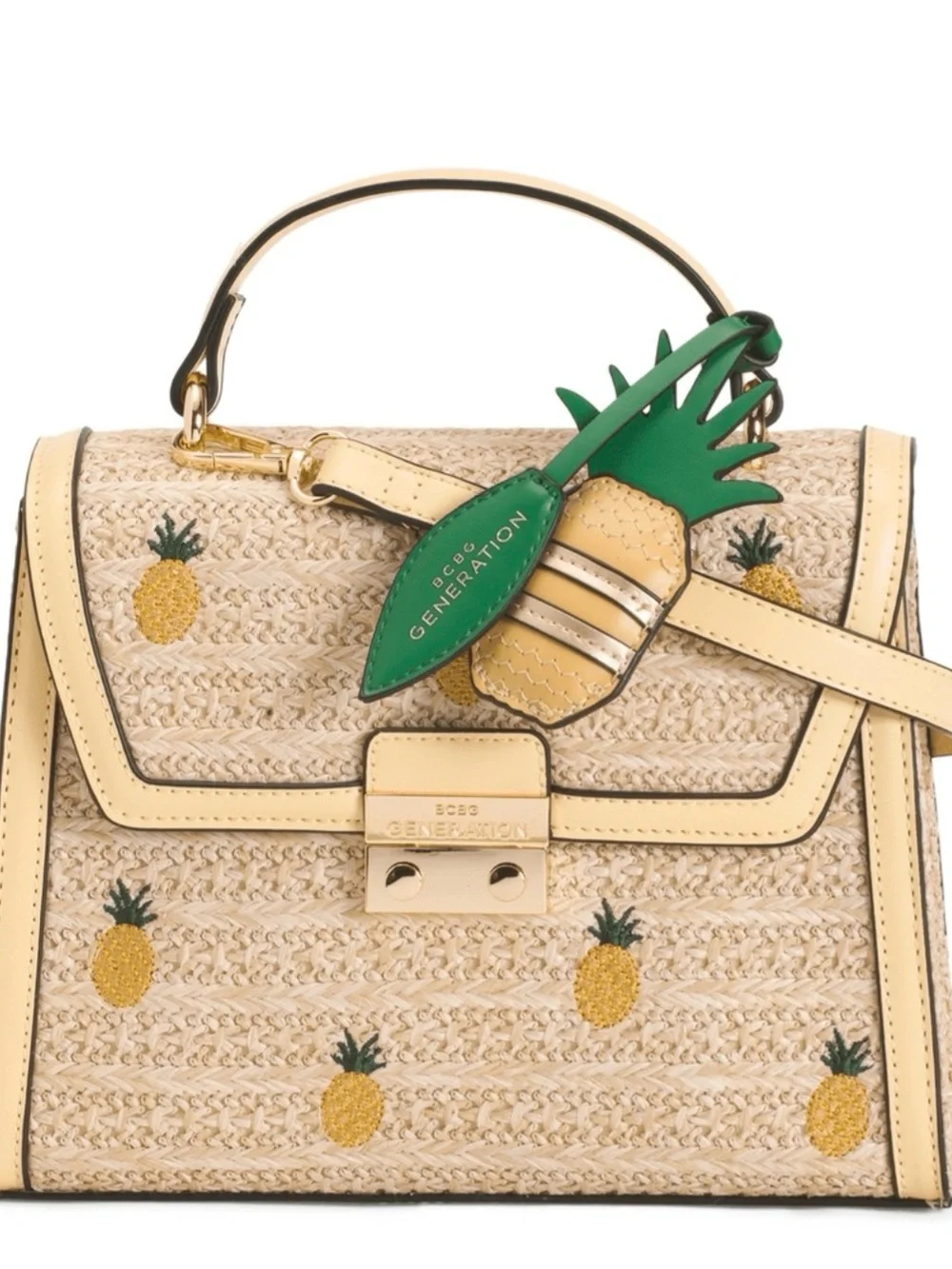 New BCBGeneration Natural Straw Top Handle Bag with Yellow Pineapple Motif